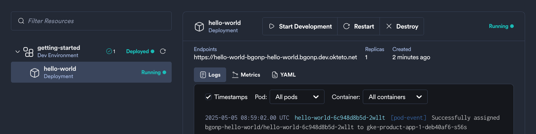 Okteto dashboard showing the hello-world deployment running with endpoints and logs