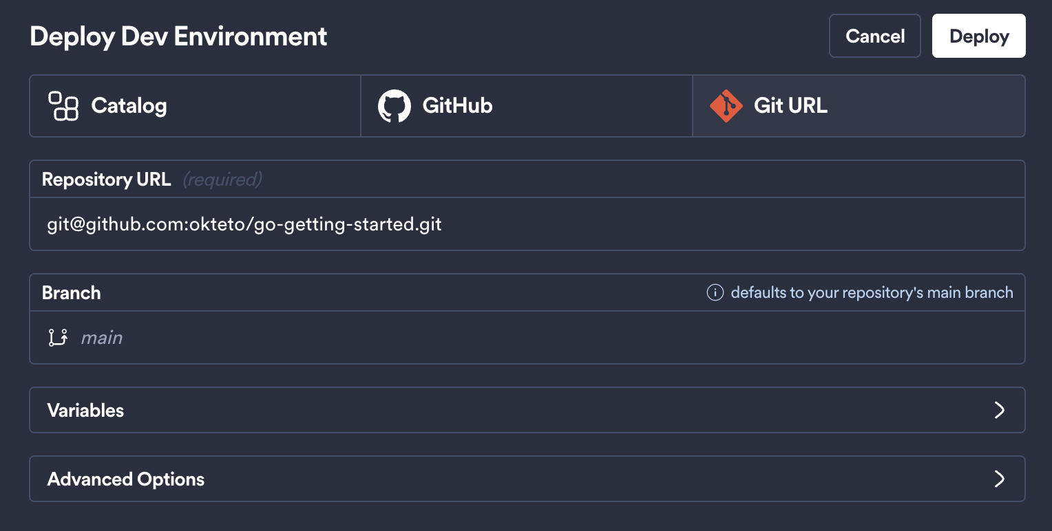 Deploy Dev Environment dialog with Git URL source selected and an SSH repository URL entered