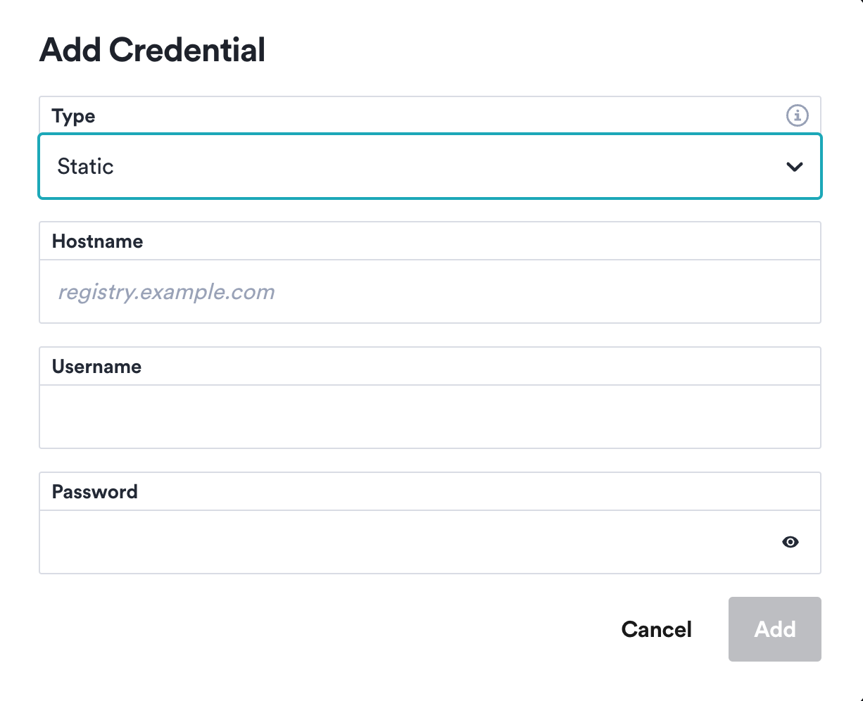 Add Credential dialog with fields for type, hostname, username, and password