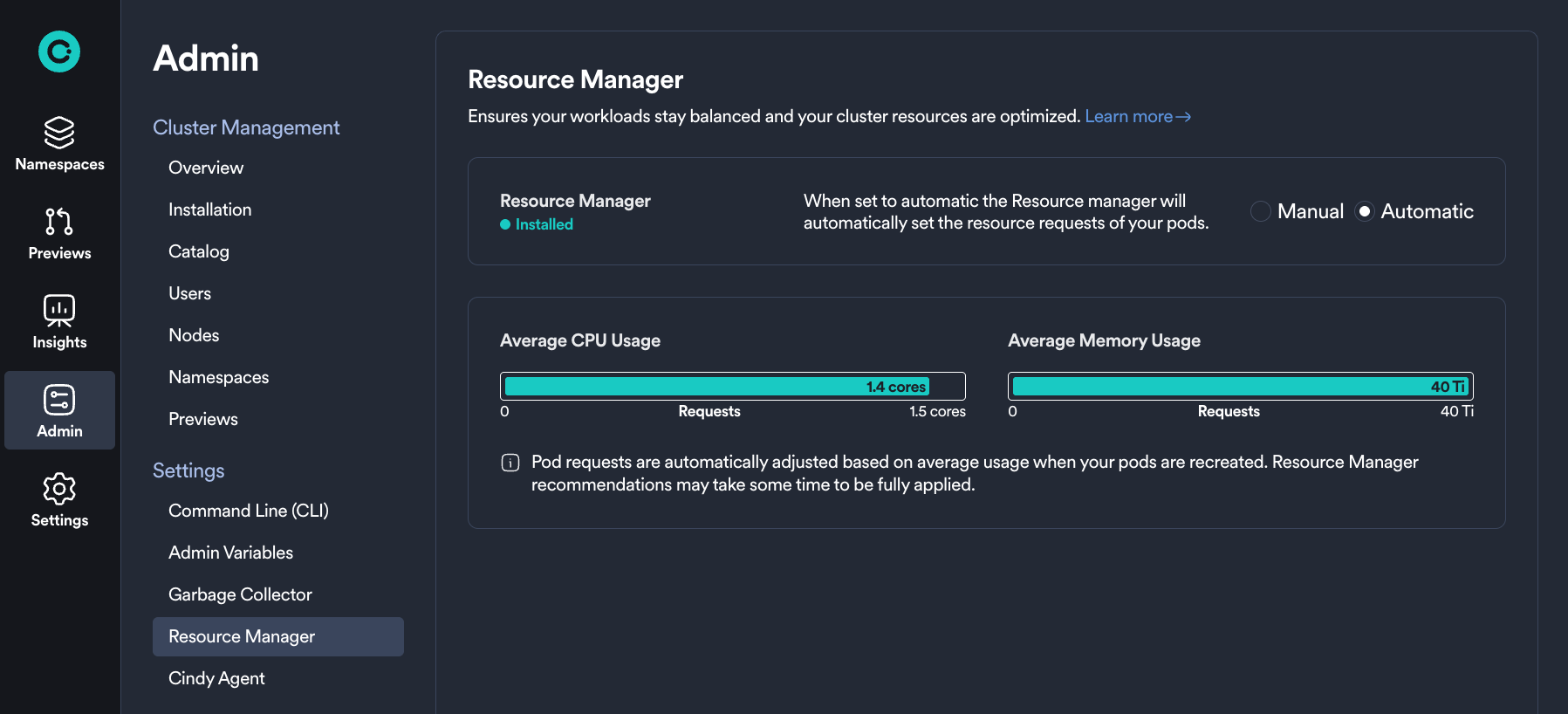 Resource Manager settings in the Admin Dashboard with the Automatic option selected and CPU and memory usage charts